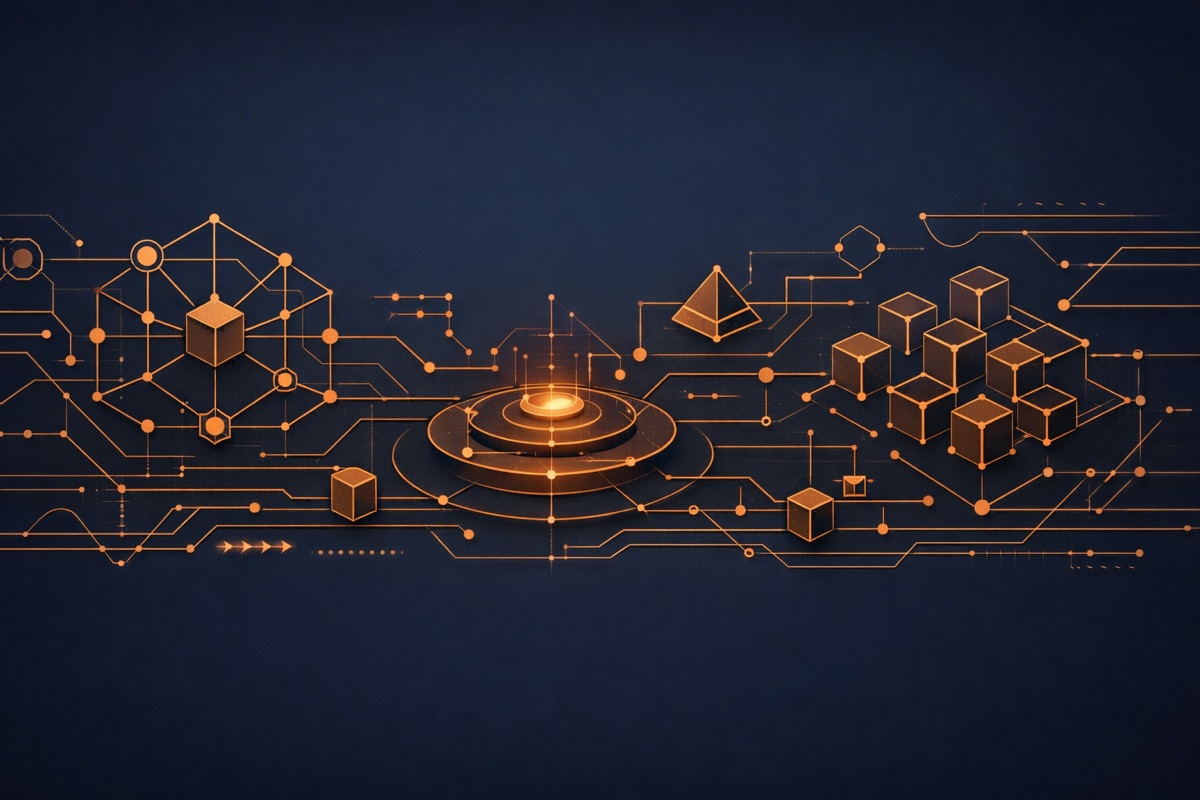 Circuit board architecture with central hub, representing structured AI prompt systems