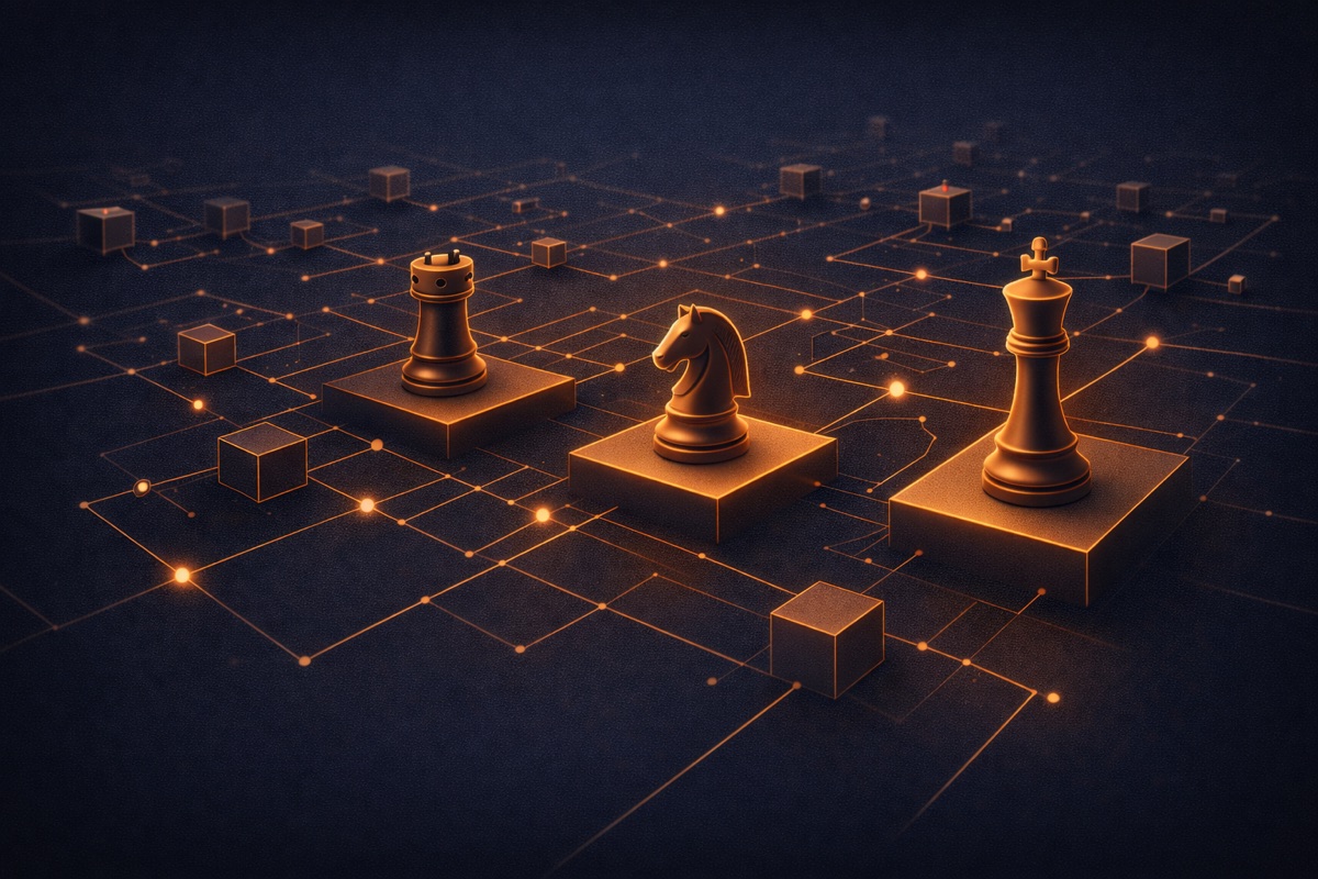 Chess pieces on a strategic grid representing competitive positioning