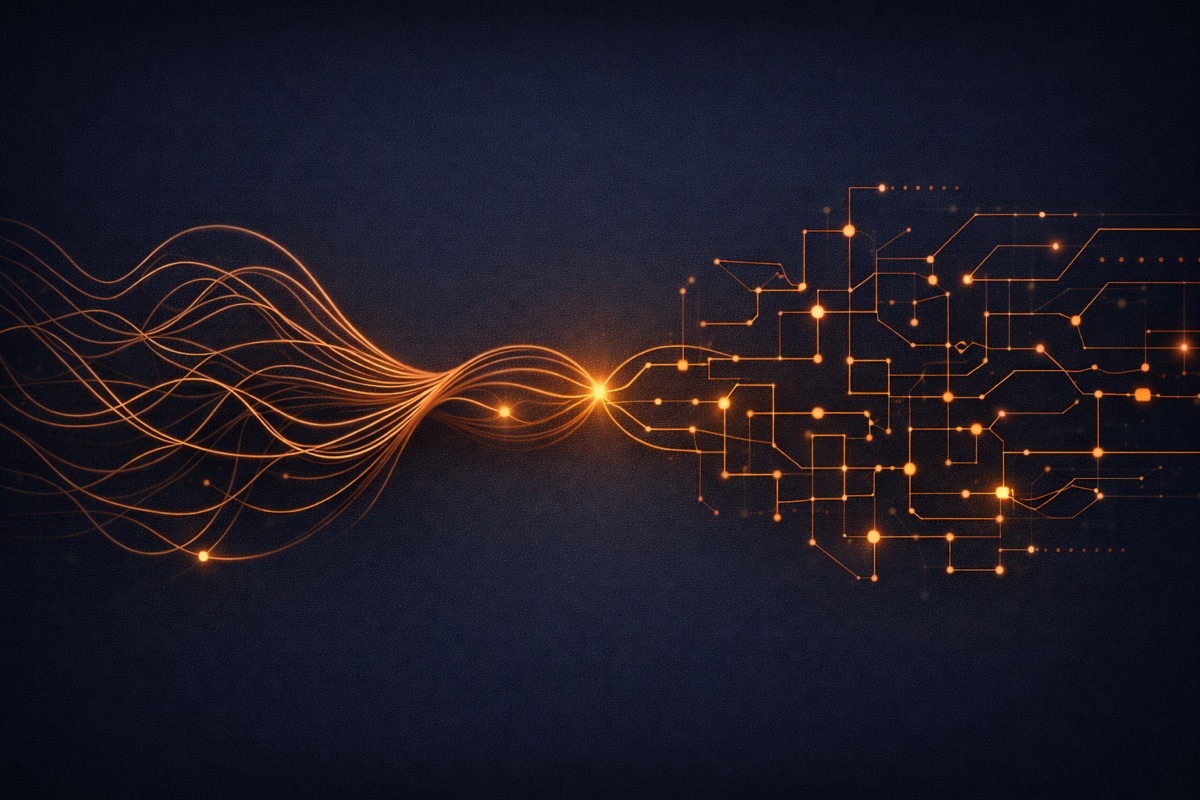Organic waves converging into structured grid, representing content architecture