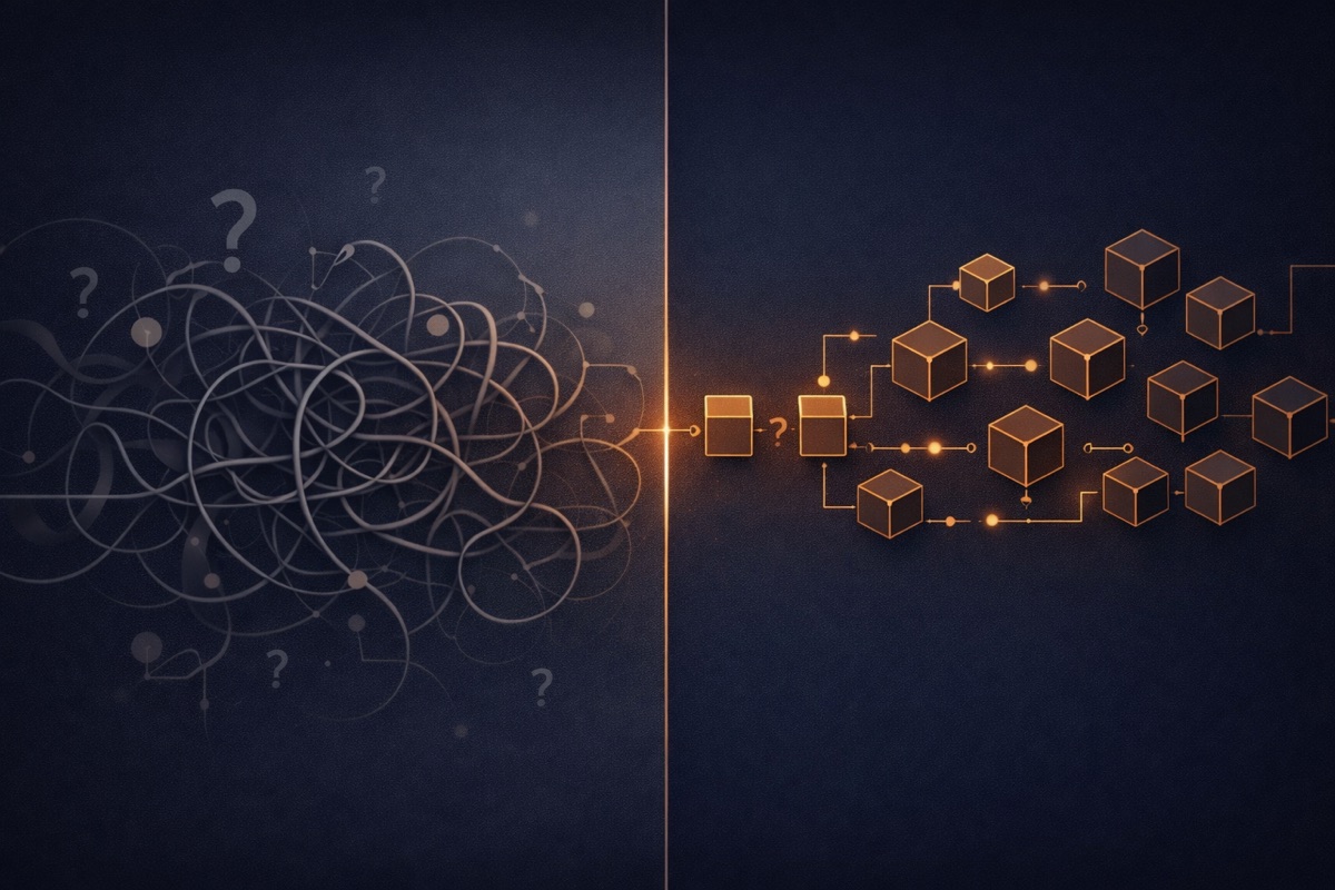 Chaos transforming into structured framework, representing systematic problem-solving