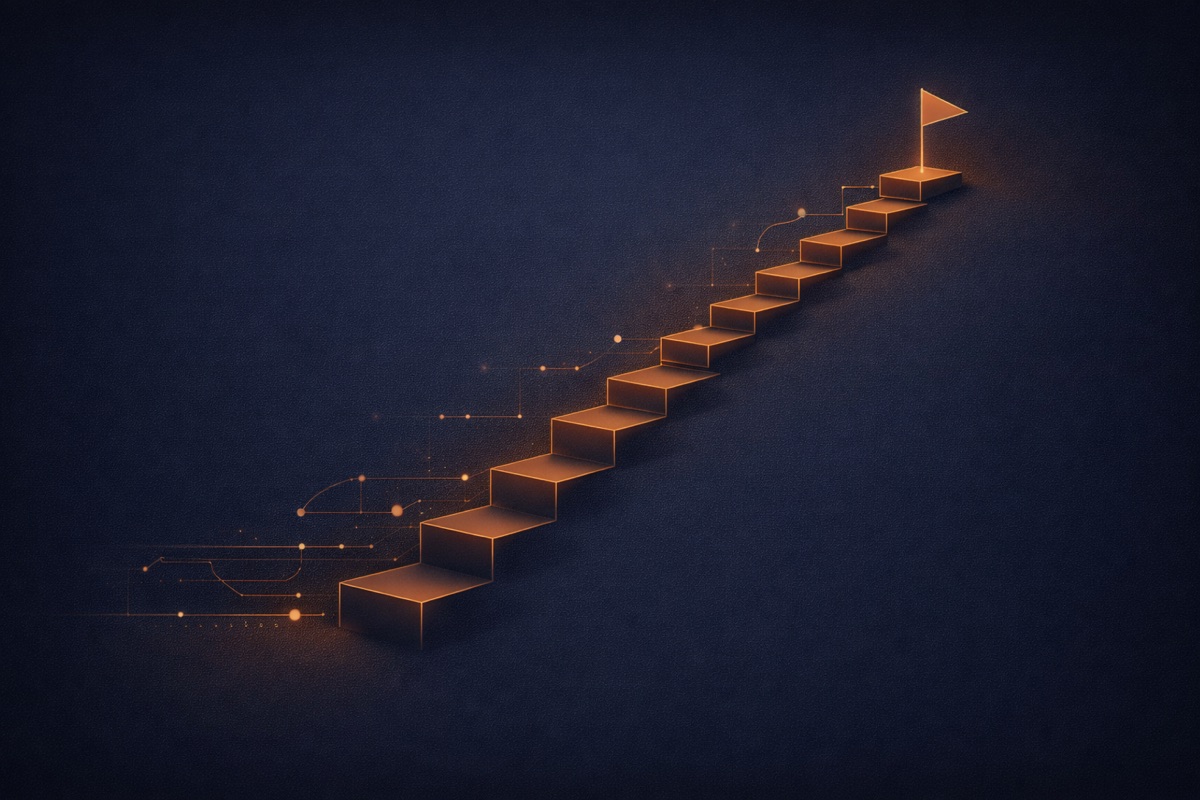 Ascending staircase with flag at summit, representing project milestones
