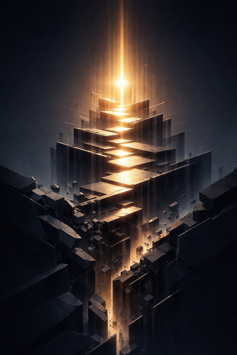 Illuminated pyramid rising from fragments, representing quality built from systematic processes